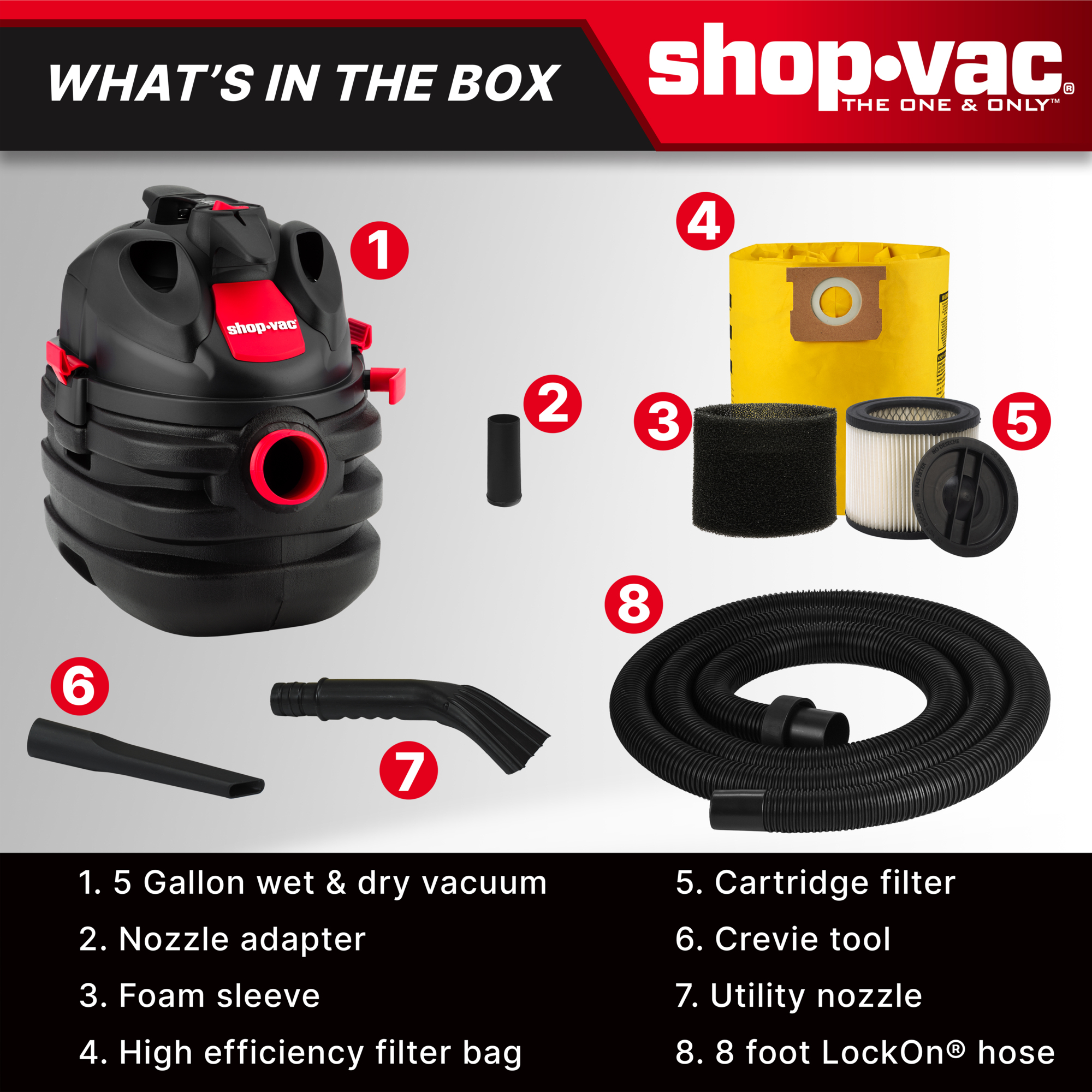 The Shop-Vac® 5 Gallon* 6.0 Peak HP** Wet / Dry Vacuum 5872911 gives you heavy duty power in a convenient portable size.